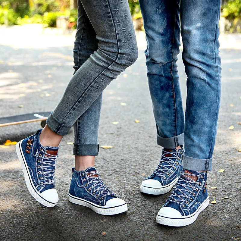 Couples Denim Flat Canvas Sneakers Daily Denim Shoes Lace Up
