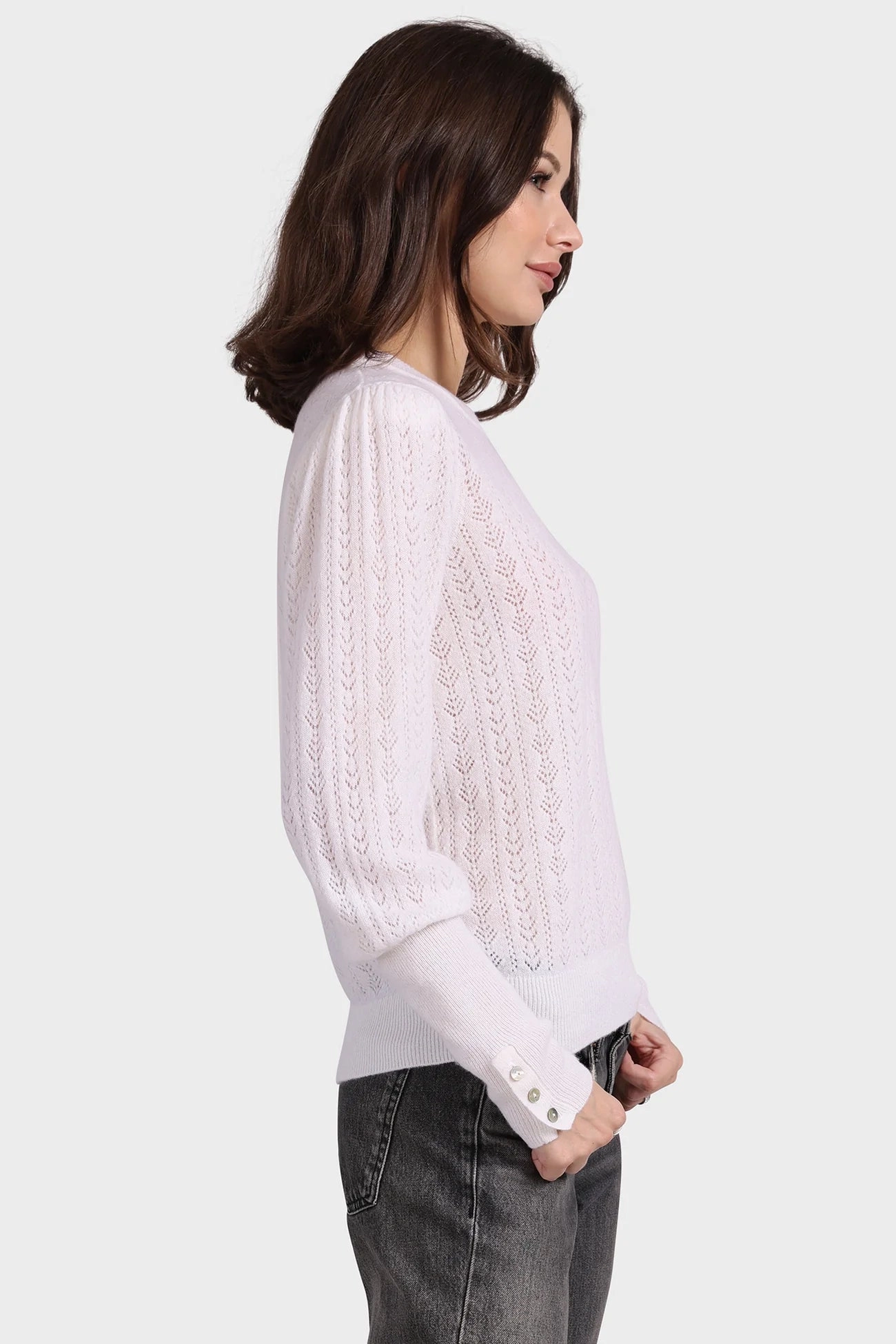 Drop Needle Detailing Comfort Stretch Fit Minnie Rose Cashmere Blousant Sleeve Crew Neck