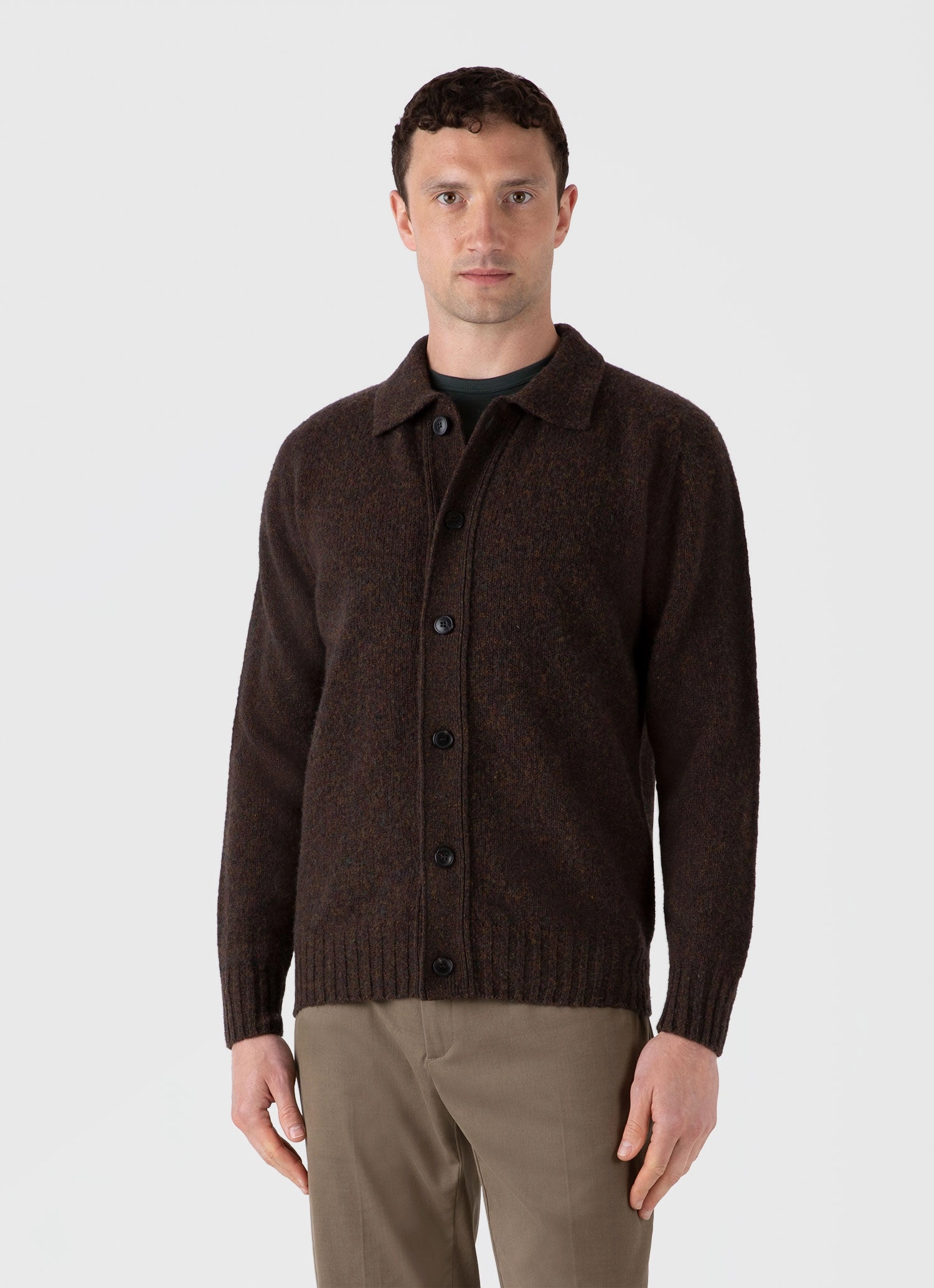 Turtleneck Variation MultiDirectional Elasticity Men's Shetland Cardigan in Dark Green Melange