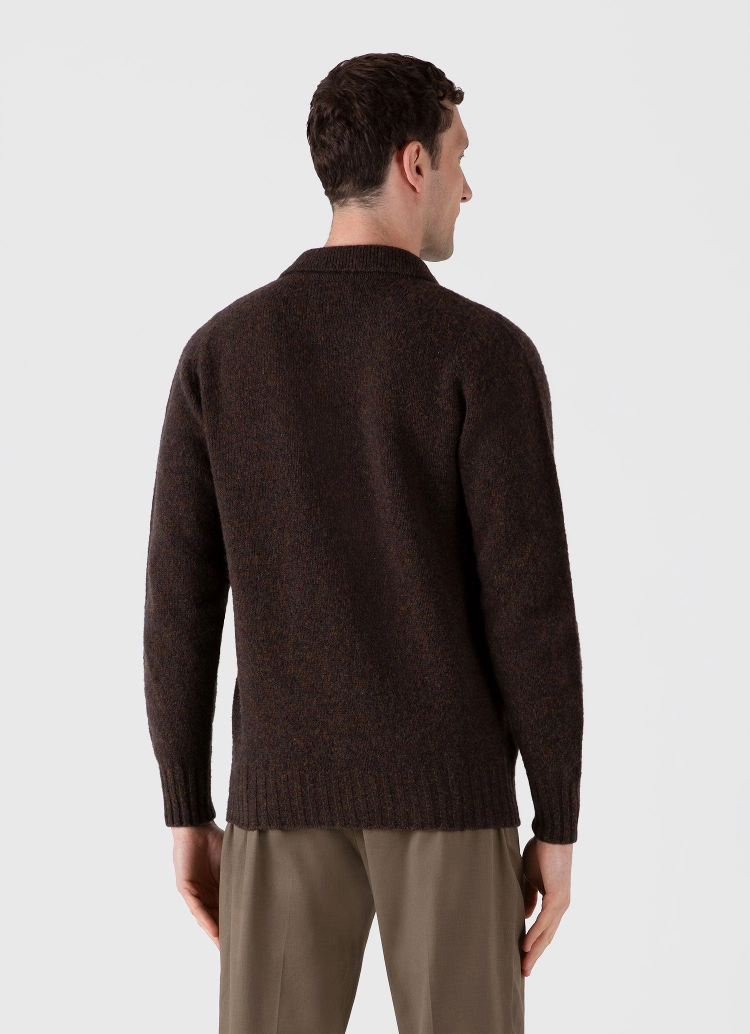 Men's Shetland Cardigan in Dark Green Melange Interlock Weave