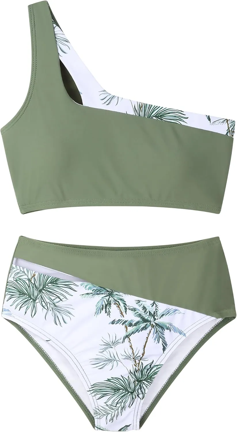 Crazyme Girls Swimsuit 2 Piece One Shoulder Cutout Bikini Top High Waisted Bottom Bathing Suits for Teens