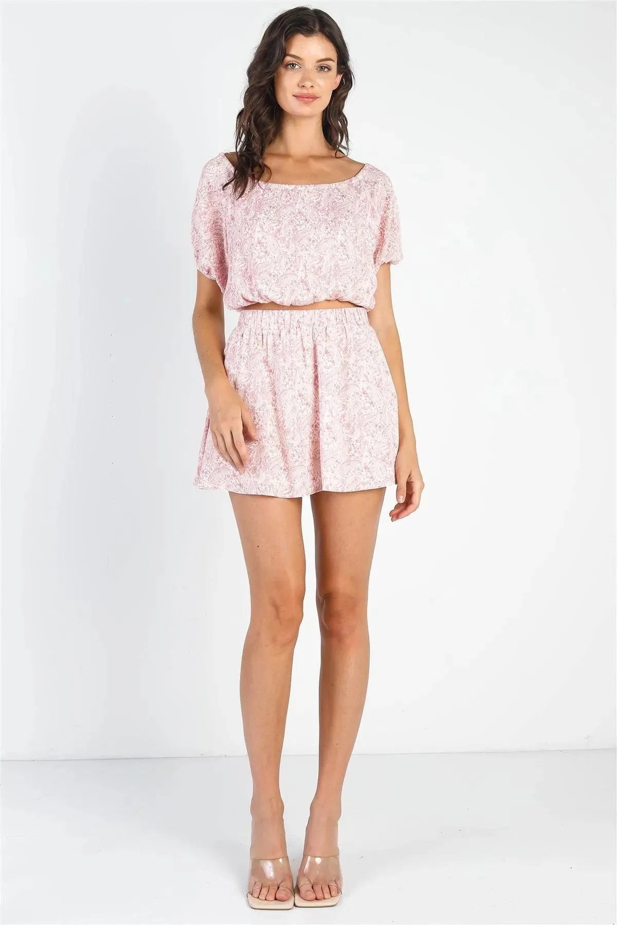 Cream & Pink Paisley Print Textured Crop Top & Mini Skirt Set /3-2-1