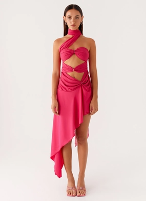 CreaseRecovery Texture Circa Scarf Midi Dress - Hot Pink Elegant Waist Fit Beachwear Circa Scarf Midi Dress - Hot Pink