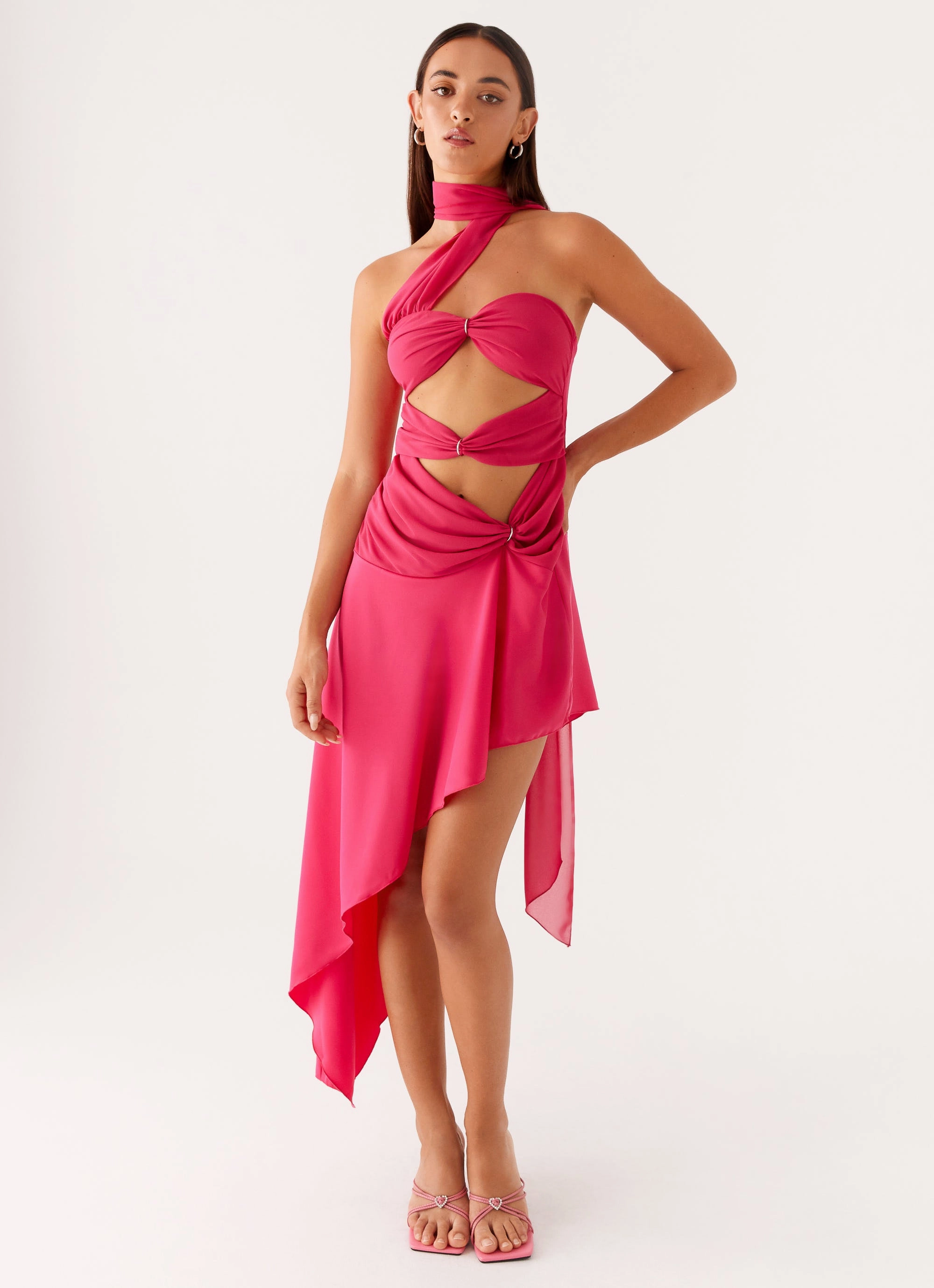 Casual and Stylish Chic Waistband Design Circa Scarf Midi Dress - Hot Pink