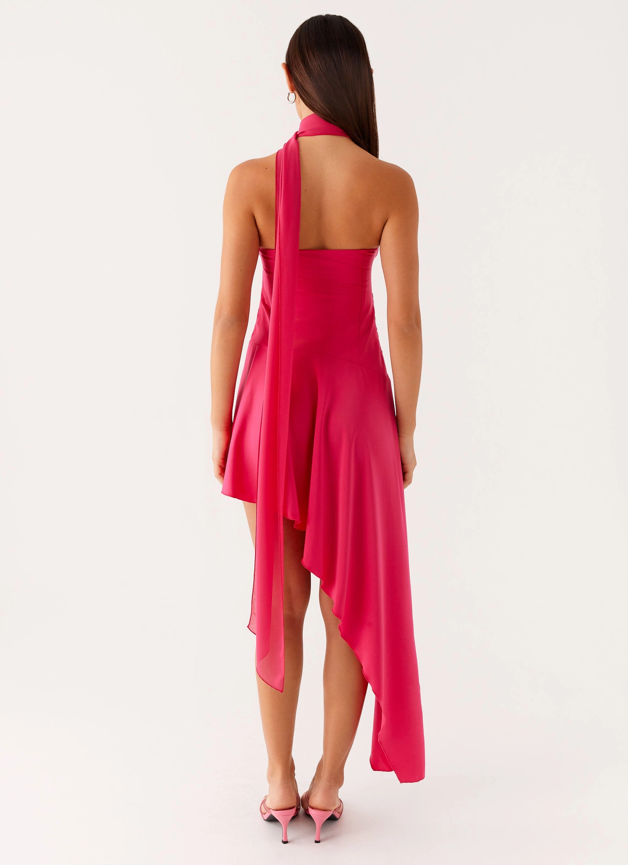 Comfortable Waist Design Fit Smooth Layers Circa Scarf Midi Dress - Hot Pink