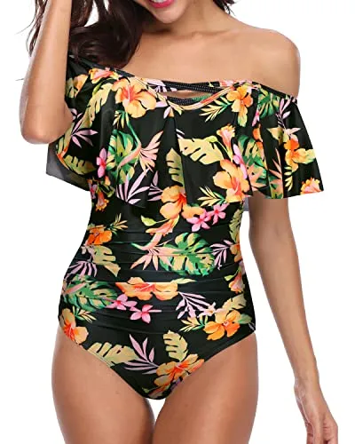 Criss Cross Lace Up One Piece Swimsuits Cute Bathing Suits For Women-Black Yellow Flower