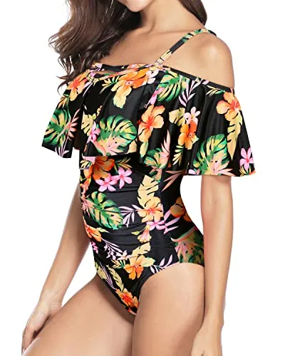 Criss Cross Lace Up One Piece Swimsuits Cute Bathing Suits For Women-Black Yellow Flower