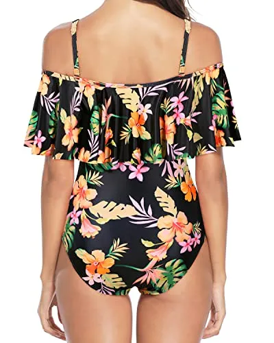 Criss Cross Lace Up One Piece Swimsuits Cute Bathing Suits For Women-Black Yellow Flower