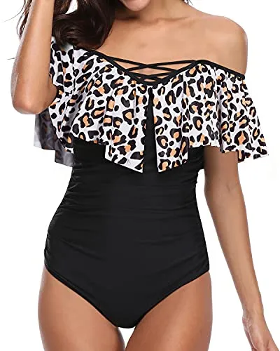 Criss Cross Lace Up Vintage Ruffle Off Shoulder One Piece Swimsuit-Black And Leopard