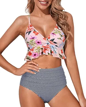 Criss Cross Two Piece Tummy Control Bikini For Women-Light Pink Stripe