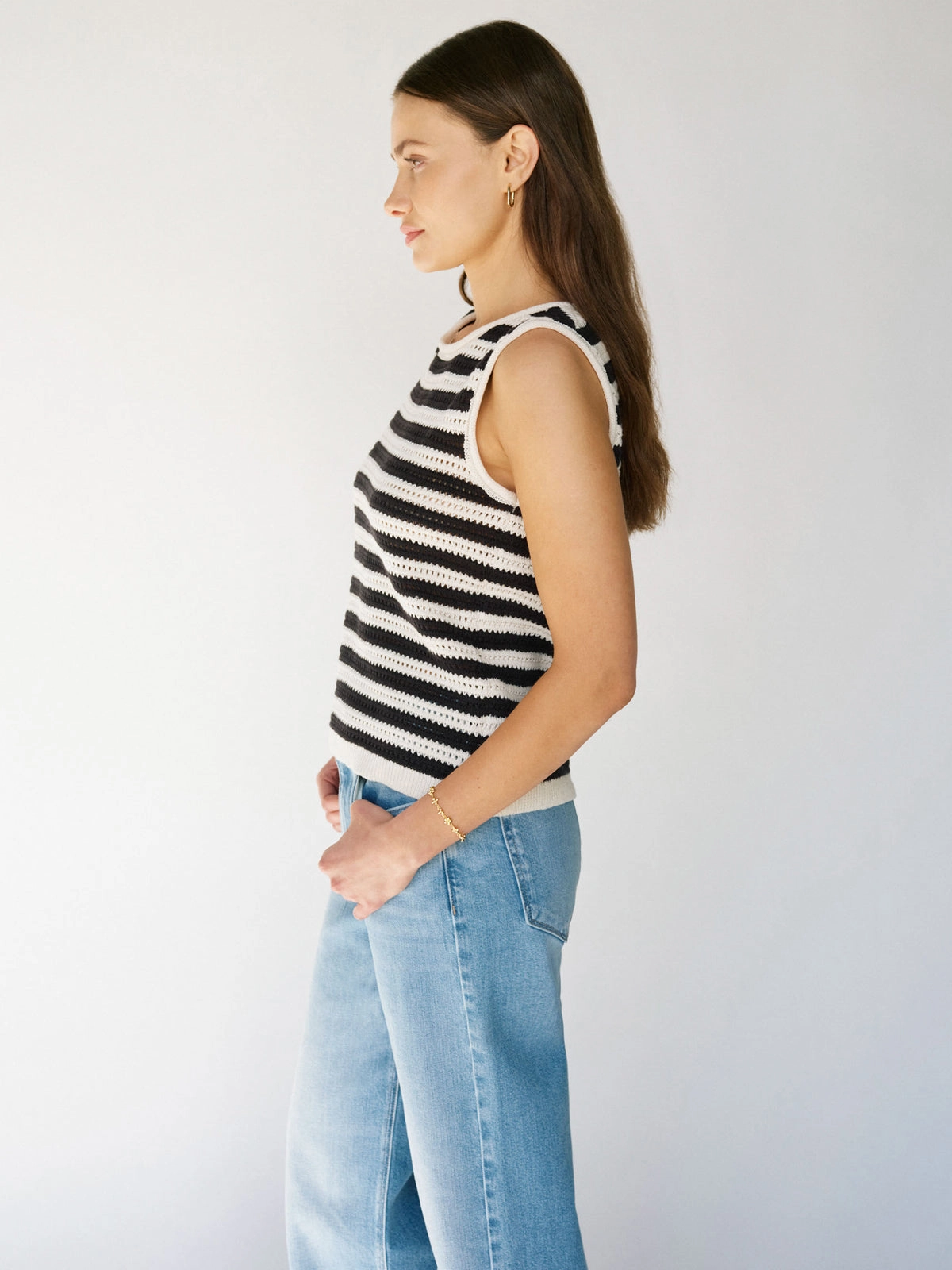 Brushed Inner Crochet Shell Sweater Chalk Black Stripe