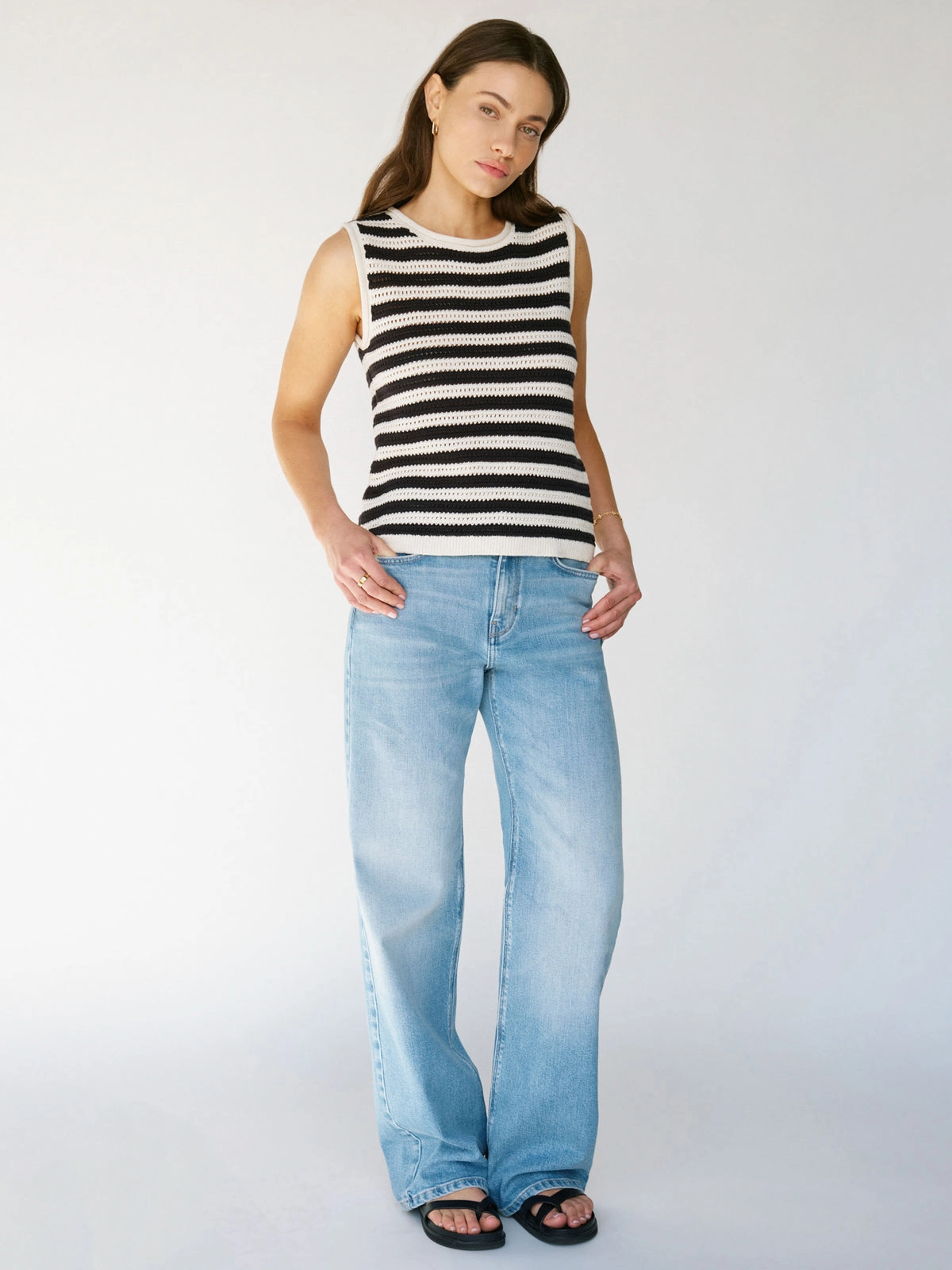 Recycled Polyester Crochet Shell Sweater Chalk Black Stripe