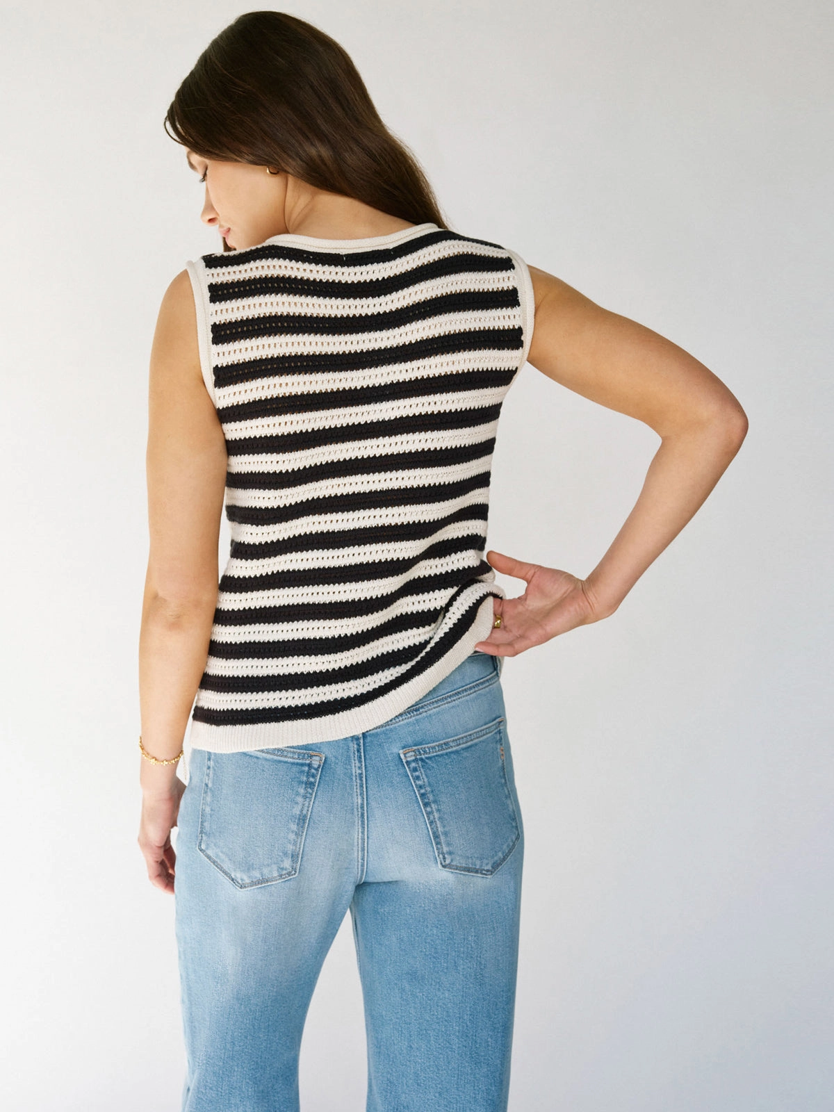 Layered Edge Trim Crochet Shell Sweater Chalk Black Stripe