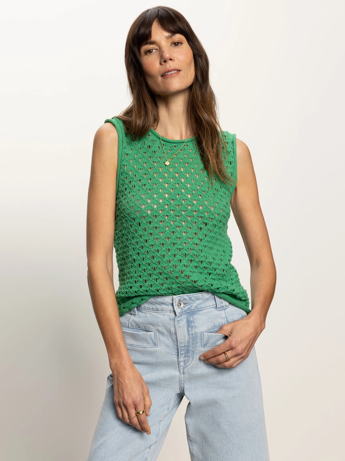 Elegant Look Layered Texture Crochet Shell Sweater Palm