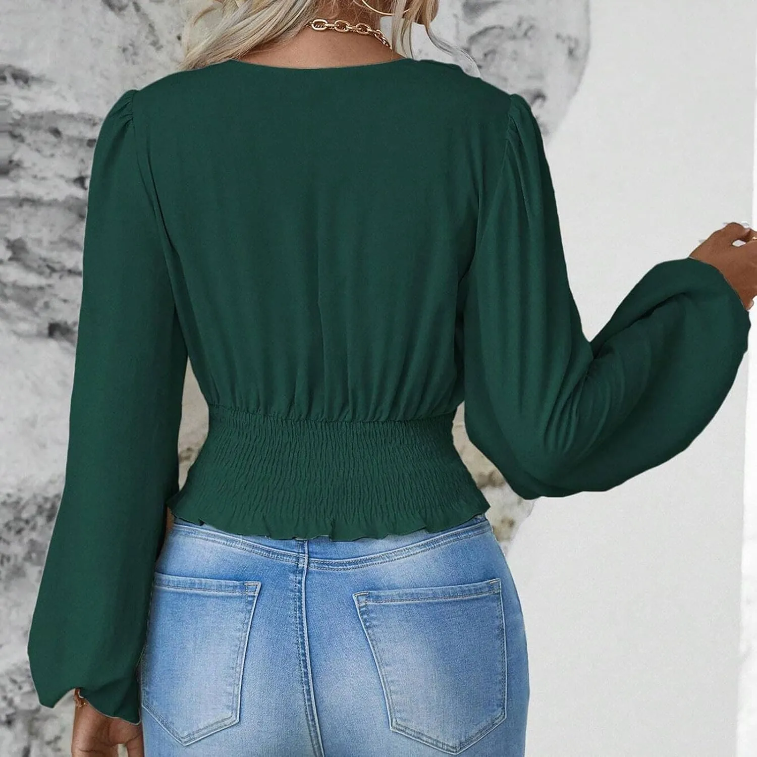 Crop Shirts for Women Trendy Deep V Neck Tops Sexy Tees Bell Sleeve Shirts Cute Basic Slim Fitted Blouses Pleated Tops