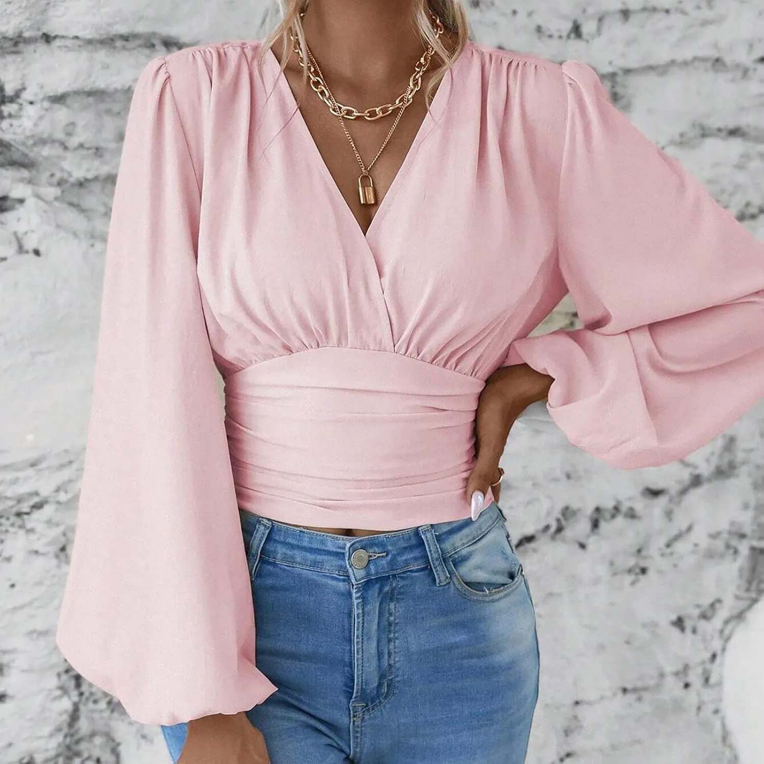 Crop Shirts for Women Trendy Deep V Neck Tops Sexy Tees Bell Sleeve Shirts Cute Basic Slim Fitted Blouses Pleated Tops