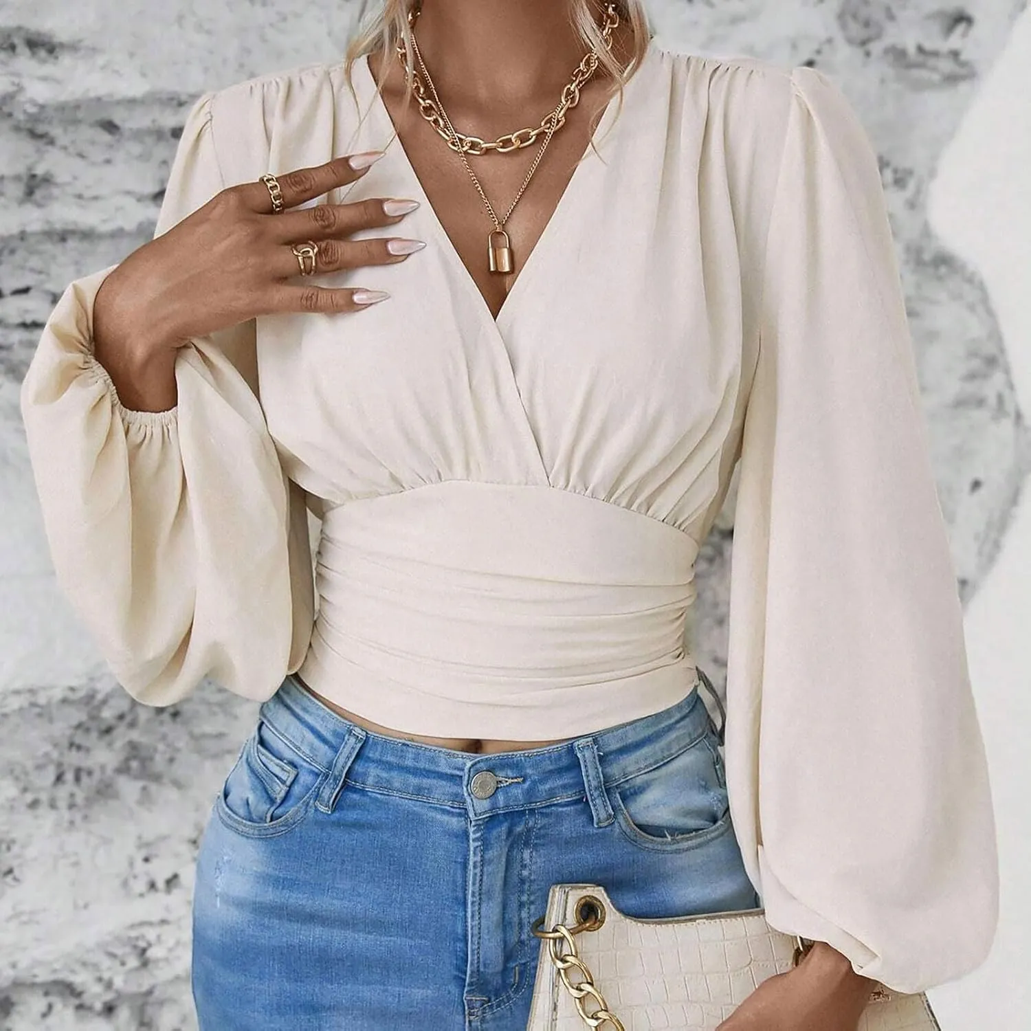 Crop Shirts for Women Trendy Deep V Neck Tops Sexy Tees Bell Sleeve Shirts Cute Basic Slim Fitted Blouses Pleated Tops