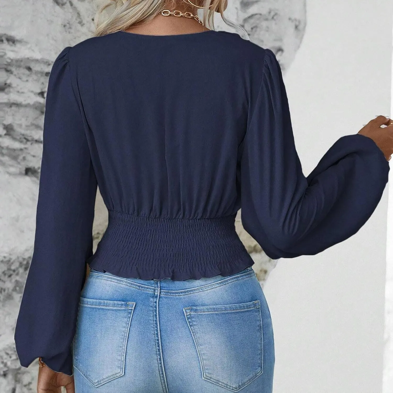 Crop Shirts for Women Trendy Deep V Neck Tops Sexy Tees Bell Sleeve Shirts Cute Basic Slim Fitted Blouses Pleated Tops