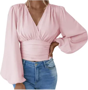 Crop Shirts for Women Trendy Deep V Neck Tops Sexy Tees Bell Sleeve Shirts Cute Basic Slim Fitted Blouses Pleated Tops
