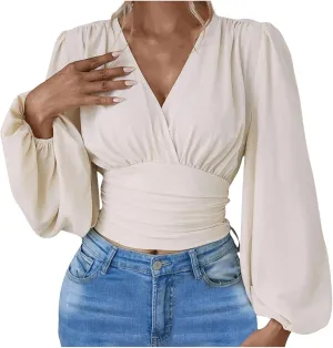 Crop Shirts for Women Trendy Deep V Neck Tops Sexy Tees Bell Sleeve Shirts Cute Basic Slim Fitted Blouses Pleated Tops