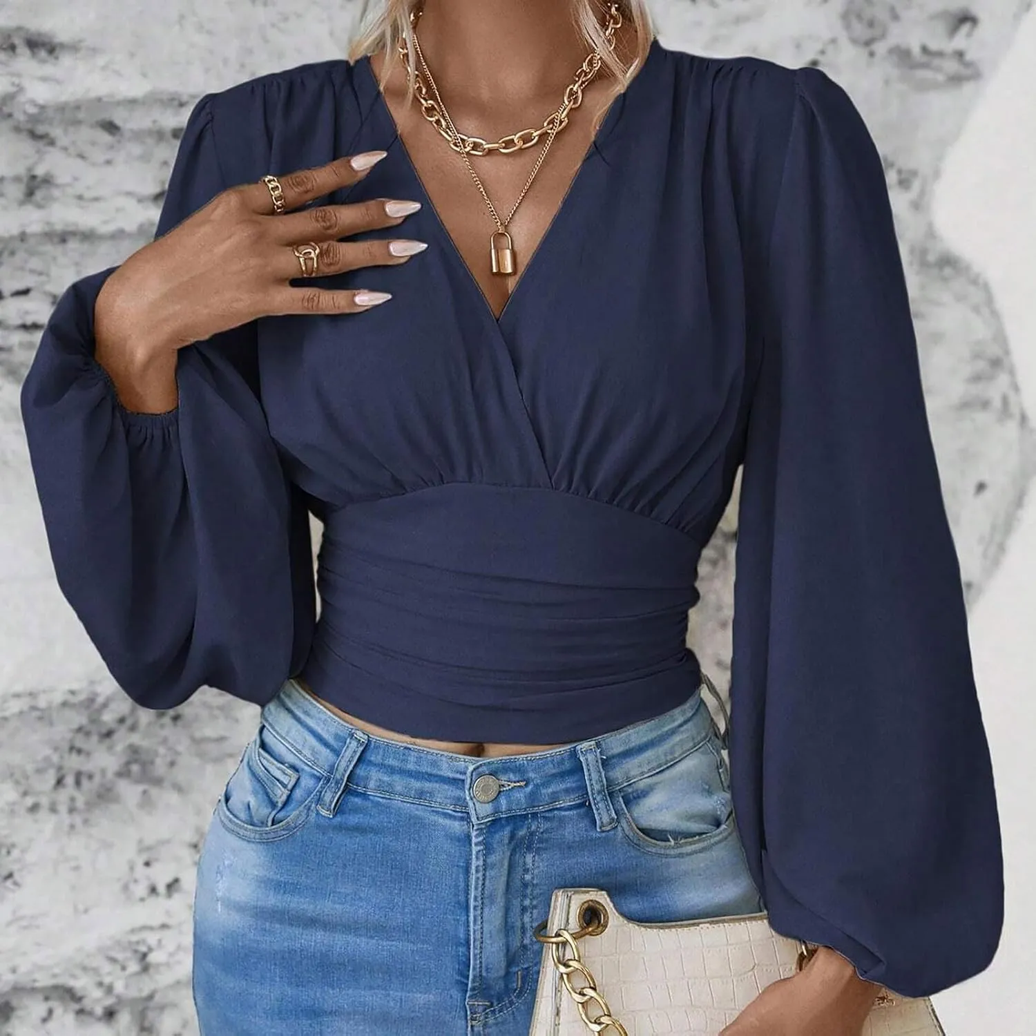 Crop Shirts for Women Trendy Deep V Neck Tops Sexy Tees Bell Sleeve Shirts Cute Basic Slim Fitted Blouses Pleated Tops