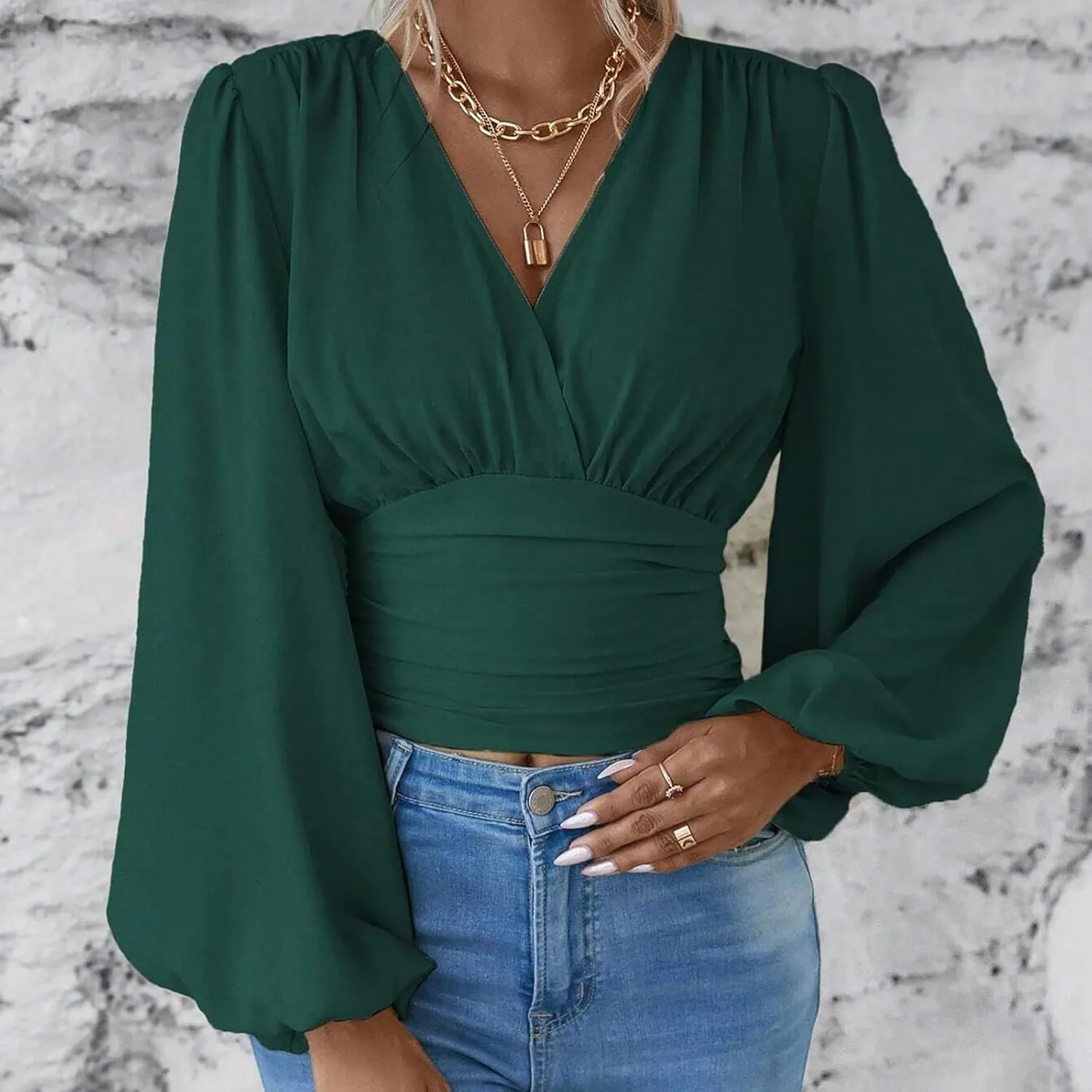 Crop Shirts for Women Trendy Deep V Neck Tops Sexy Tees Bell Sleeve Shirts Cute Basic Slim Fitted Blouses Pleated Tops