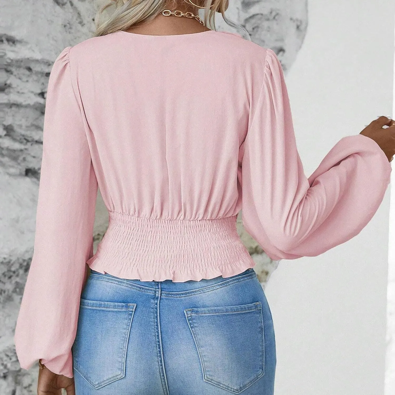 Crop Shirts for Women Trendy Deep V Neck Tops Sexy Tees Bell Sleeve Shirts Cute Basic Slim Fitted Blouses Pleated Tops