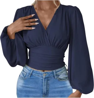Crop Shirts for Women Trendy Deep V Neck Tops Sexy Tees Bell Sleeve Shirts Cute Basic Slim Fitted Blouses Pleated Tops