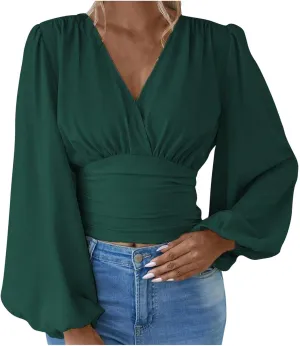 Crop Shirts for Women Trendy Deep V Neck Tops Sexy Tees Bell Sleeve Shirts Cute Basic Slim Fitted Blouses Pleated Tops