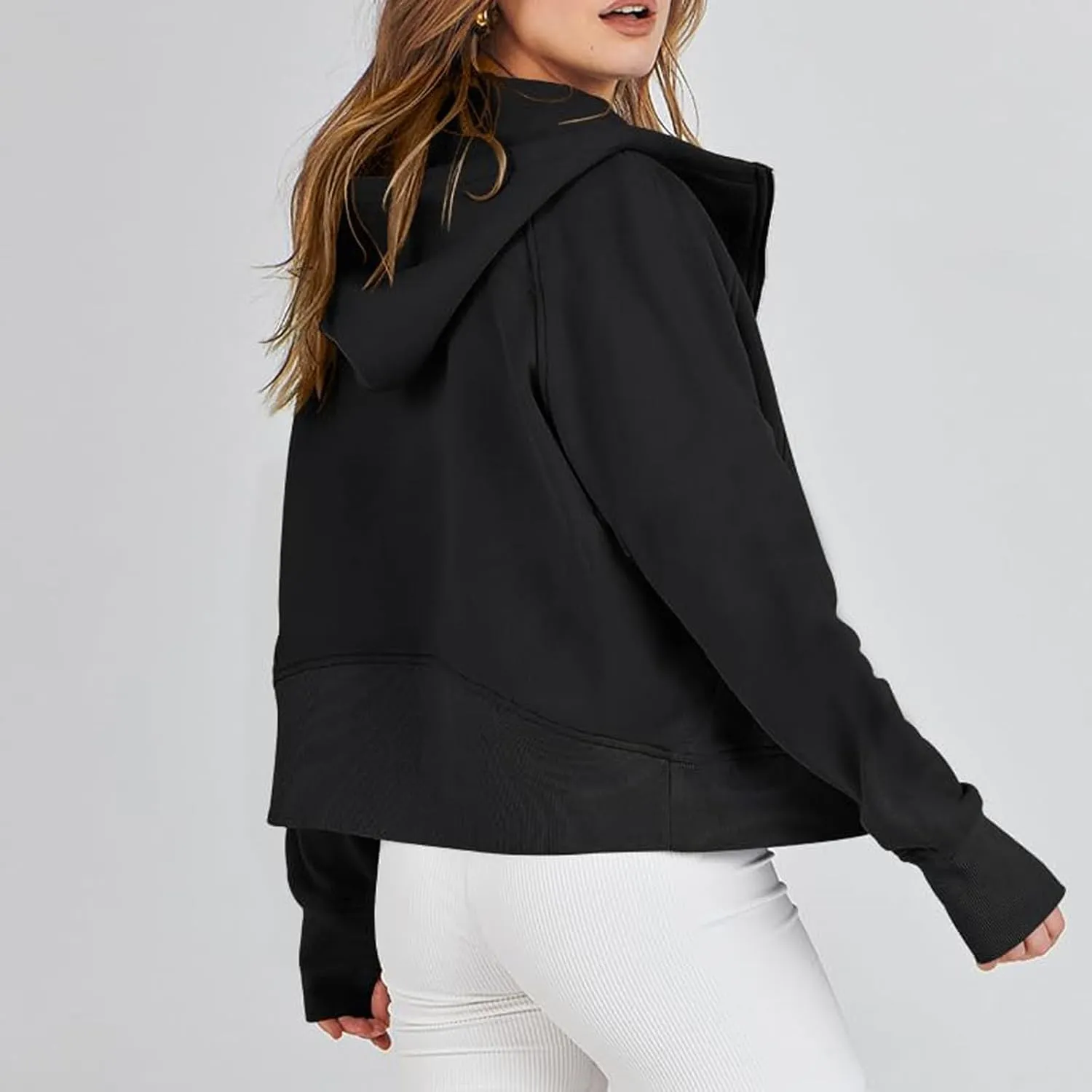 Cropped Hoodie Women Zip Pullover Thumb Hole Fall Hoodies Comfy Solid Long Sleeve Shirts Winter Clothes With Pockets