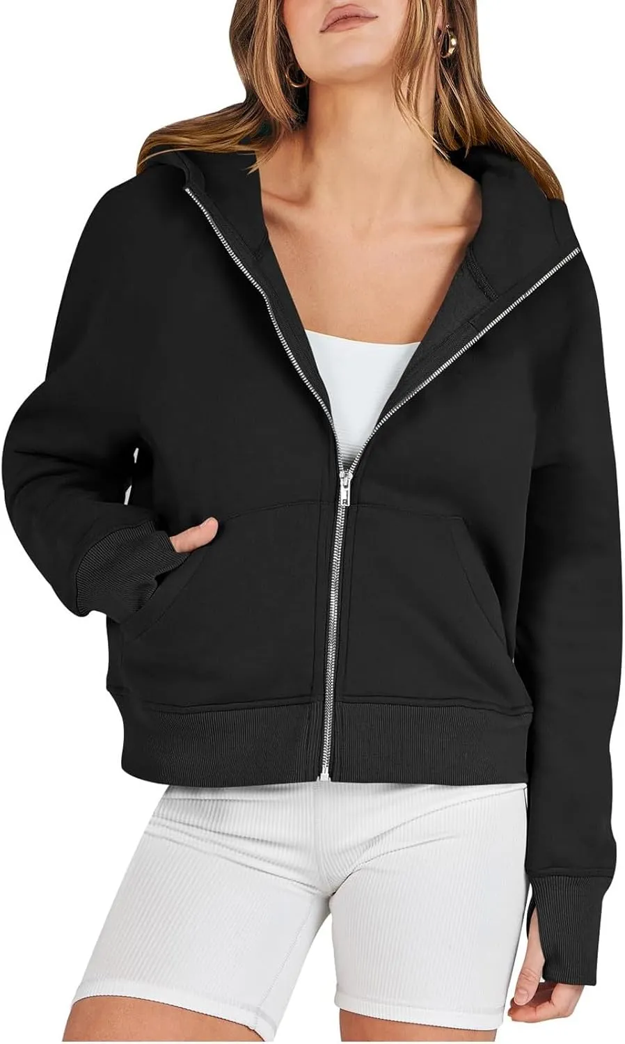 Cropped Hoodie Women Zip Pullover Thumb Hole Fall Hoodies Comfy Solid Long Sleeve Shirts Winter Clothes With Pockets