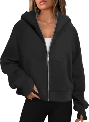 Cropped Hoodie Women Zip Pullover Thumb Hole Fall Hoodies Comfy Solid Long Sleeve Shirts Winter Clothes With Pockets