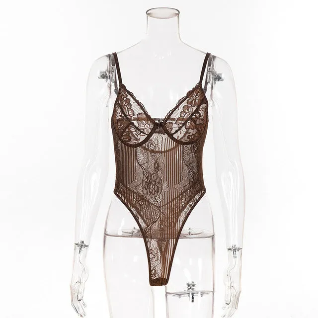 Cryptographic hot sale sheer lace bodysuit women backless transparent mesh bow sexy jumpsuit 2020 catsuit straps bodysuits thong