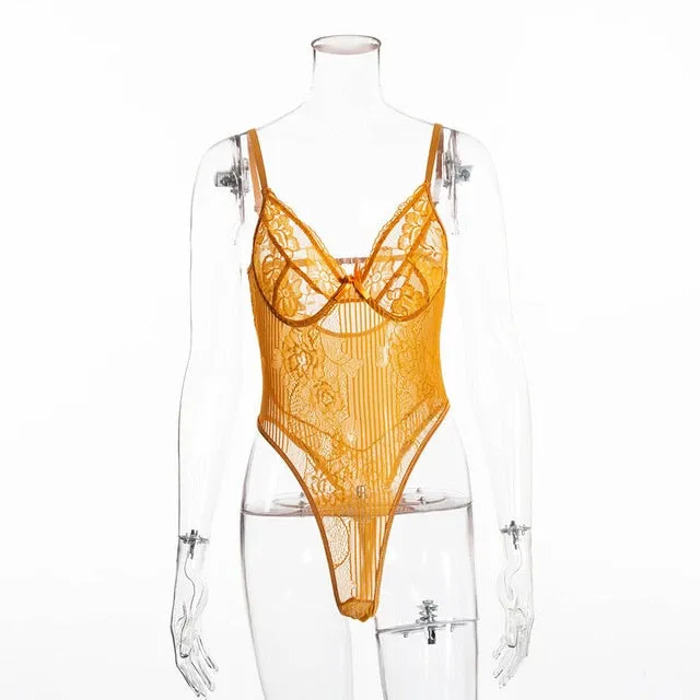 Cryptographic hot sale sheer lace bodysuit women backless transparent mesh bow sexy jumpsuit 2020 catsuit straps bodysuits thong