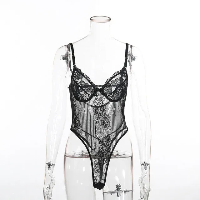 Cryptographic hot sale sheer lace bodysuit women backless transparent mesh bow sexy jumpsuit 2020 catsuit straps bodysuits thong