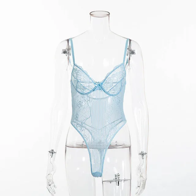 Cryptographic hot sale sheer lace bodysuit women backless transparent mesh bow sexy jumpsuit 2020 catsuit straps bodysuits thong