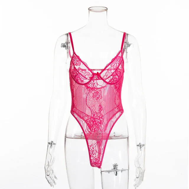 Cryptographic hot sale sheer lace bodysuit women backless transparent mesh bow sexy jumpsuit 2020 catsuit straps bodysuits thong