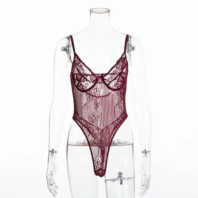 Cryptographic hot sale sheer lace bodysuit women backless transparent mesh bow sexy jumpsuit 2020 catsuit straps bodysuits thong