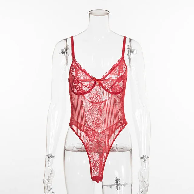 Cryptographic hot sale sheer lace bodysuit women backless transparent mesh bow sexy jumpsuit 2020 catsuit straps bodysuits thong
