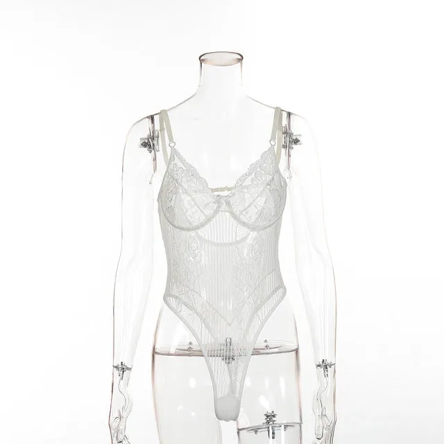 Cryptographic hot sale sheer lace bodysuit women backless transparent mesh bow sexy jumpsuit 2020 catsuit straps bodysuits thong