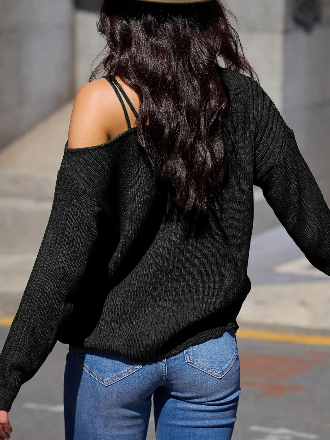 CUPSHE Womens One Shoulder Sweater Fall Casual Long Sleeve Ribbed Knit Pullover Jumper Tops