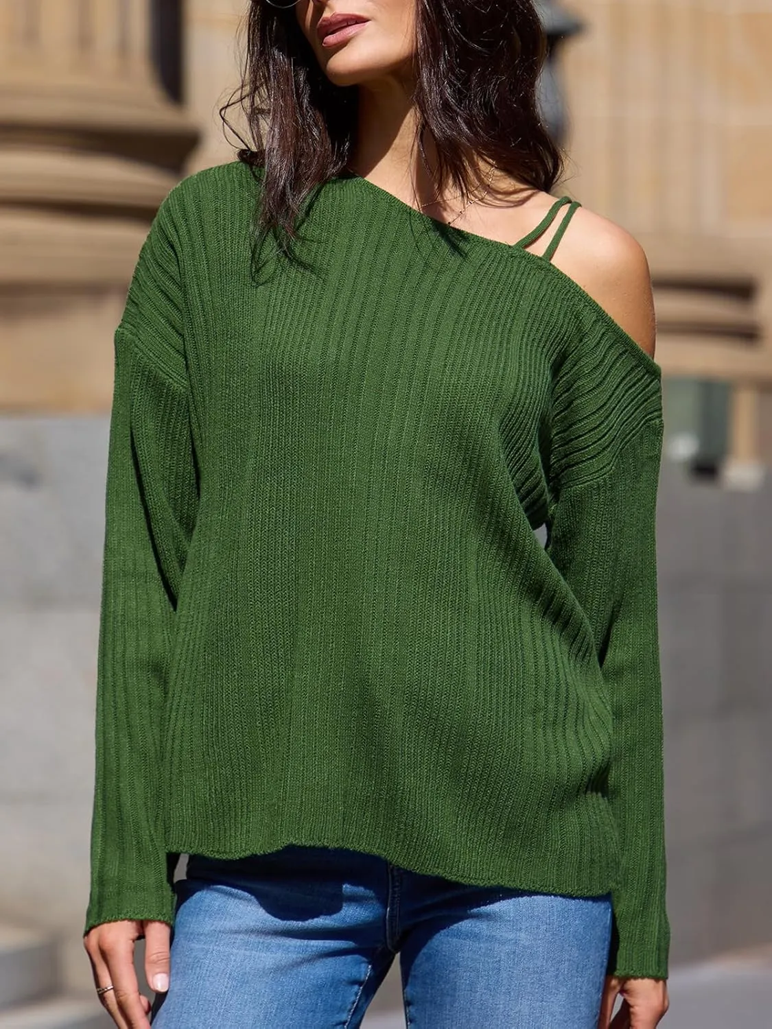 CUPSHE Womens One Shoulder Sweater Fall Casual Long Sleeve Ribbed Knit Pullover Jumper Tops