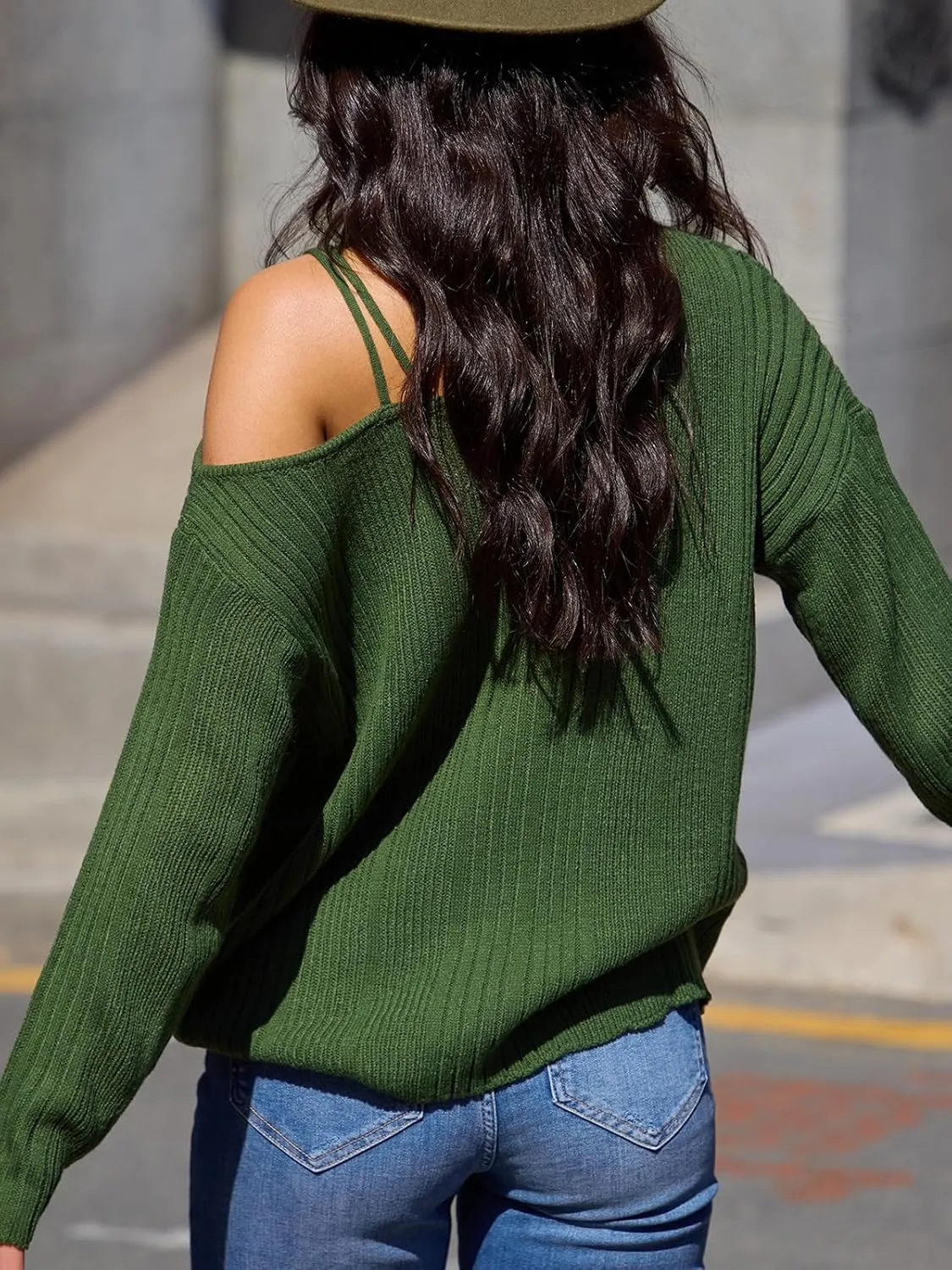 CUPSHE Womens One Shoulder Sweater Fall Casual Long Sleeve Ribbed Knit Pullover Jumper Tops