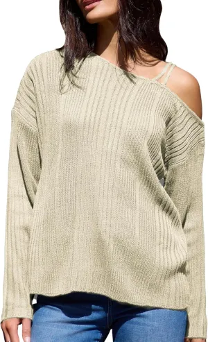 CUPSHE Womens One Shoulder Sweater Fall Casual Long Sleeve Ribbed Knit Pullover Jumper Tops