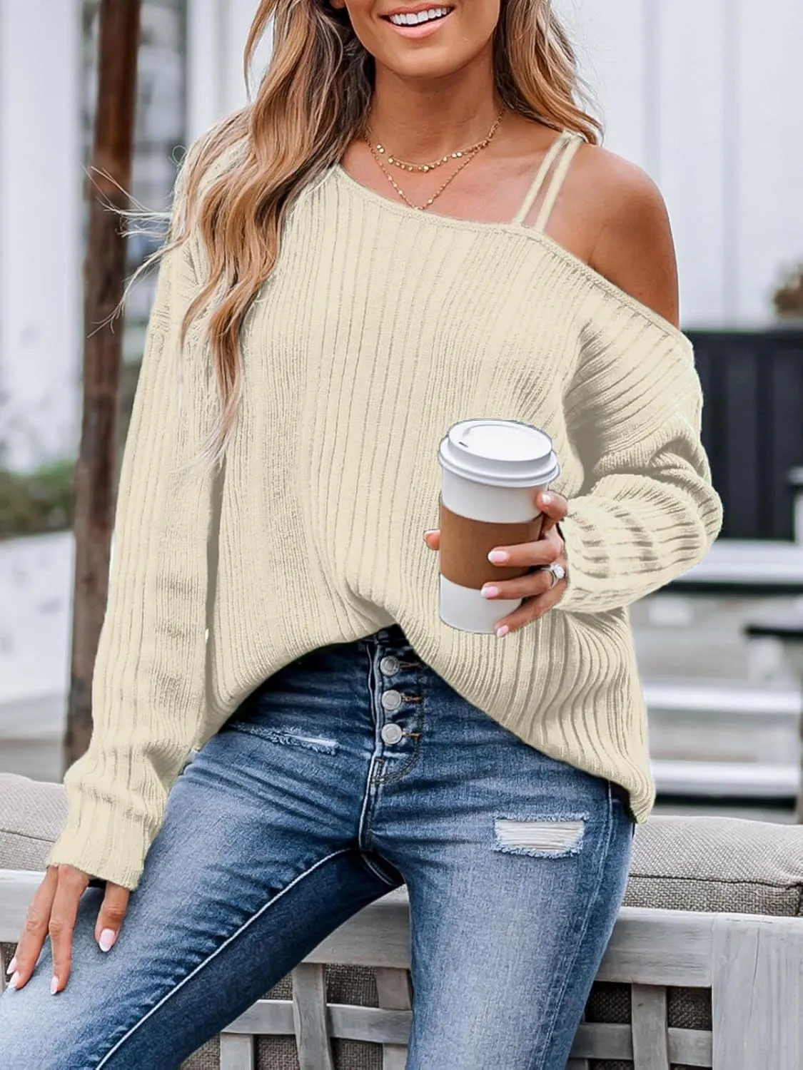 CUPSHE Womens One Shoulder Sweater Fall Casual Long Sleeve Ribbed Knit Pullover Jumper Tops