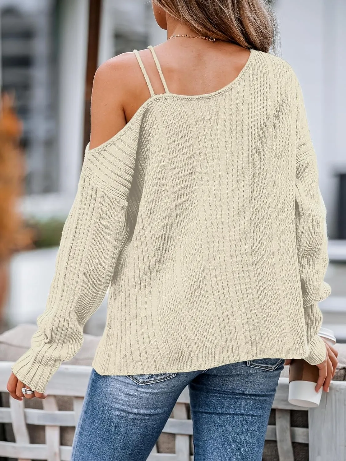 CUPSHE Womens One Shoulder Sweater Fall Casual Long Sleeve Ribbed Knit Pullover Jumper Tops