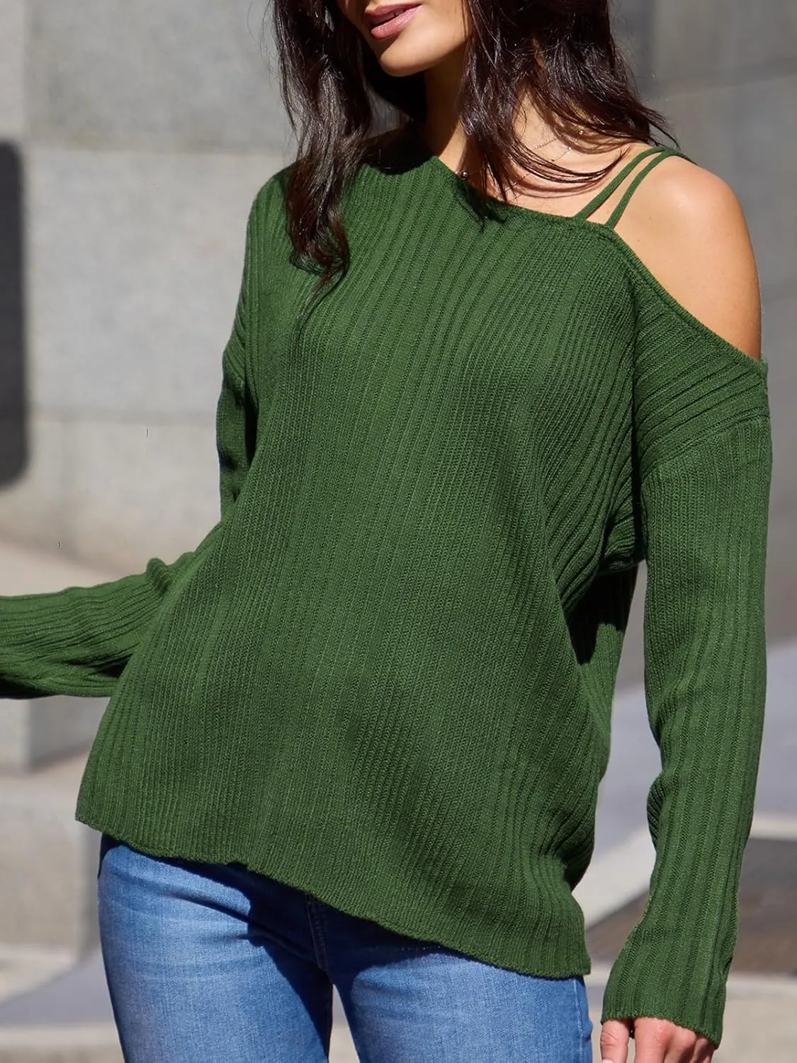 CUPSHE Womens One Shoulder Sweater Fall Casual Long Sleeve Ribbed Knit Pullover Jumper Tops