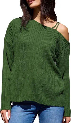 CUPSHE Womens One Shoulder Sweater Fall Casual Long Sleeve Ribbed Knit Pullover Jumper Tops
