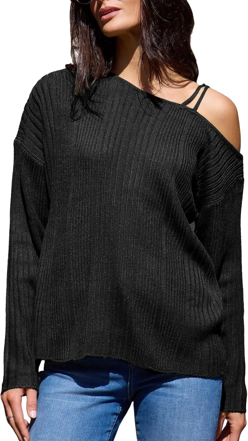 CUPSHE Womens One Shoulder Sweater Fall Casual Long Sleeve Ribbed Knit Pullover Jumper Tops