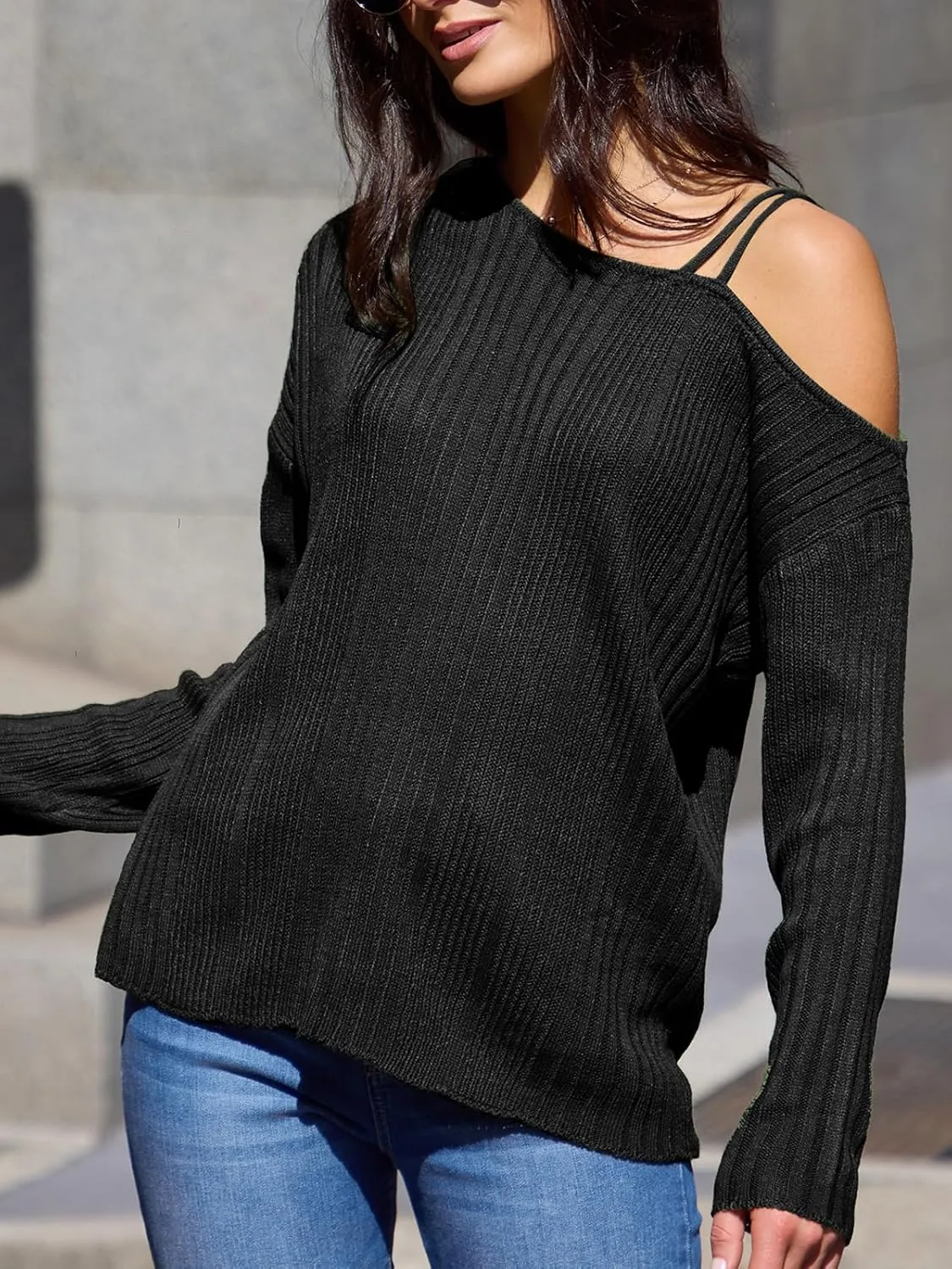 CUPSHE Womens One Shoulder Sweater Fall Casual Long Sleeve Ribbed Knit Pullover Jumper Tops
